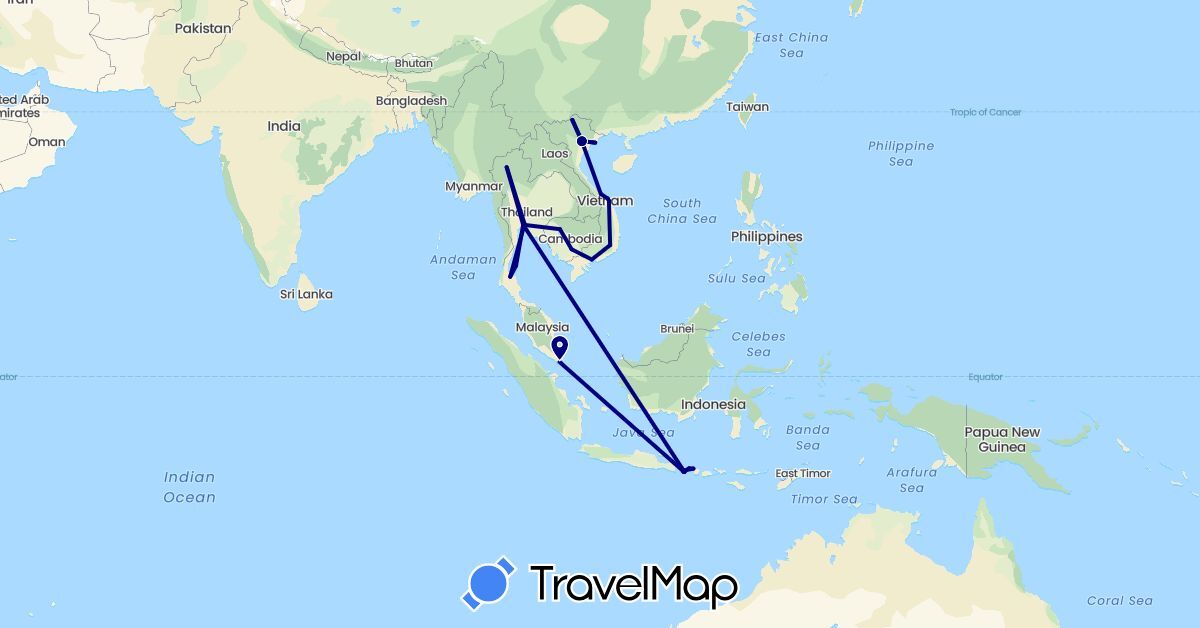 TravelMap itinerary: driving in Indonesia, Cambodia, Singapore, Thailand, Vietnam (Asia)